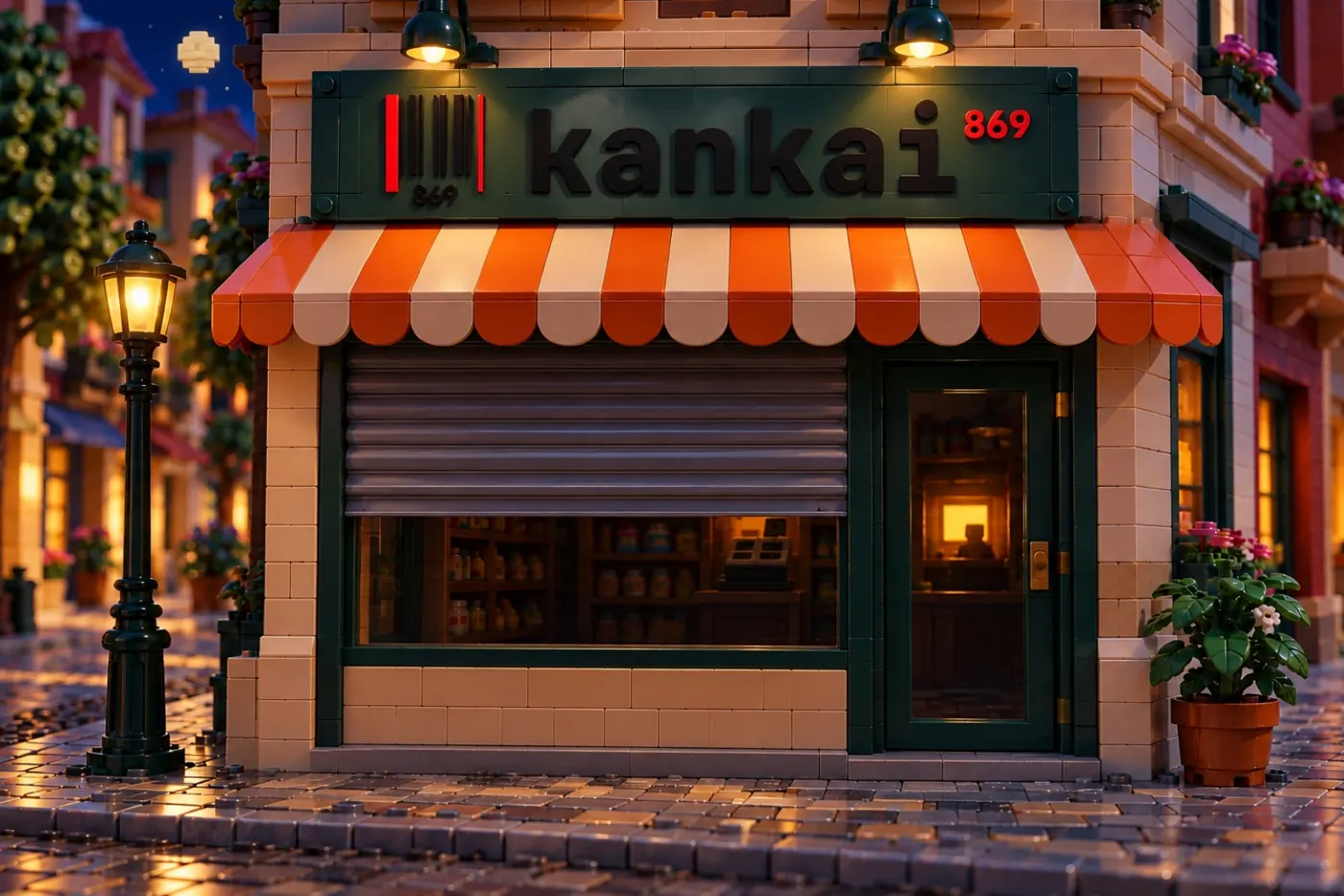 Gece, kepengi inmiş oyuncak bakkal; içeride bir ışık yanıyor